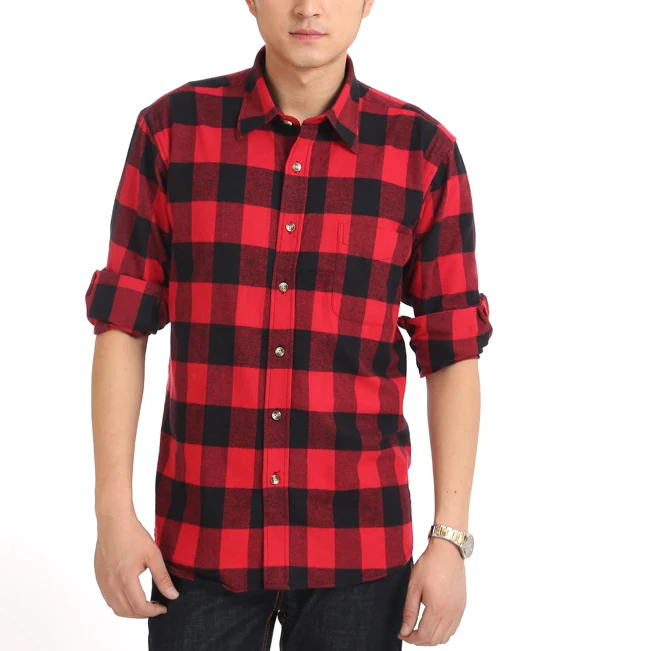 Casual para hombre rojo negro Plaid camisetas de manga