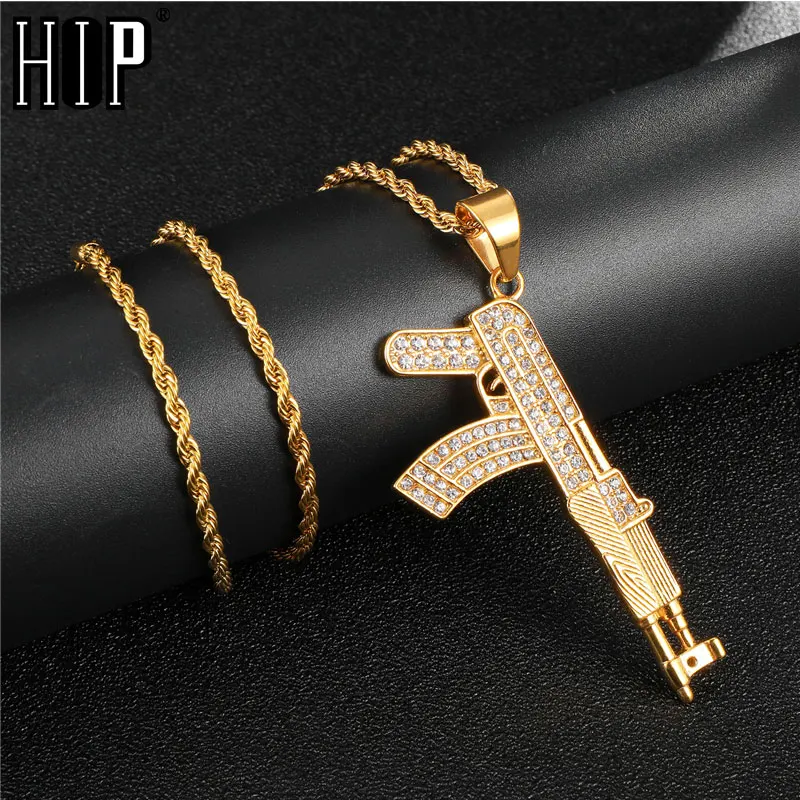 Хип хоп Iced Out полный горный хрусталь AK47 колье с кулонами в виде пистолетов и