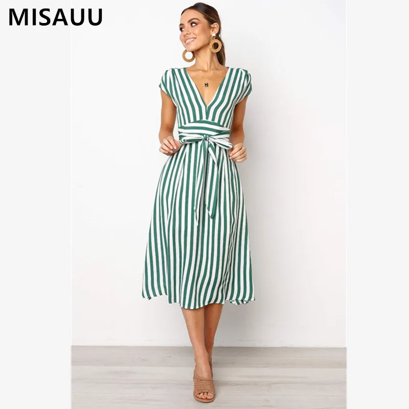 

Dress Women's Fashion Short Sleeve Casual Striped Deep V-Neck Bandage Dress Casual Party Dress women 2019 Vestidos Robe Femme