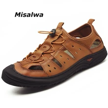 Misalwa/мужские сандалии из натуральной кожи с вырезами и эластичными шнурками летняя повседневная обувь удобная Уличная обувь из мягкой кожи 38-45
