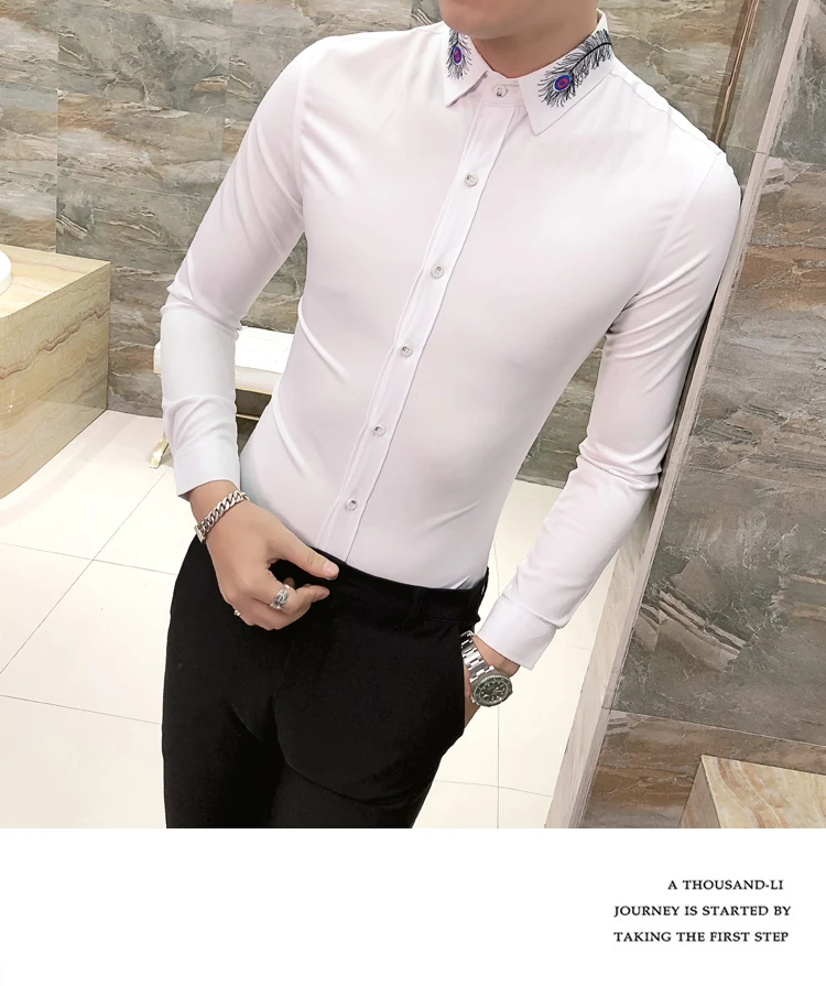 Весенняя Корейская мужская рубашка с длинным рукавом Camisa Masculina, одноцветная модная мужская рубашка с вышитыми перьями, Camisa Homem, Черная