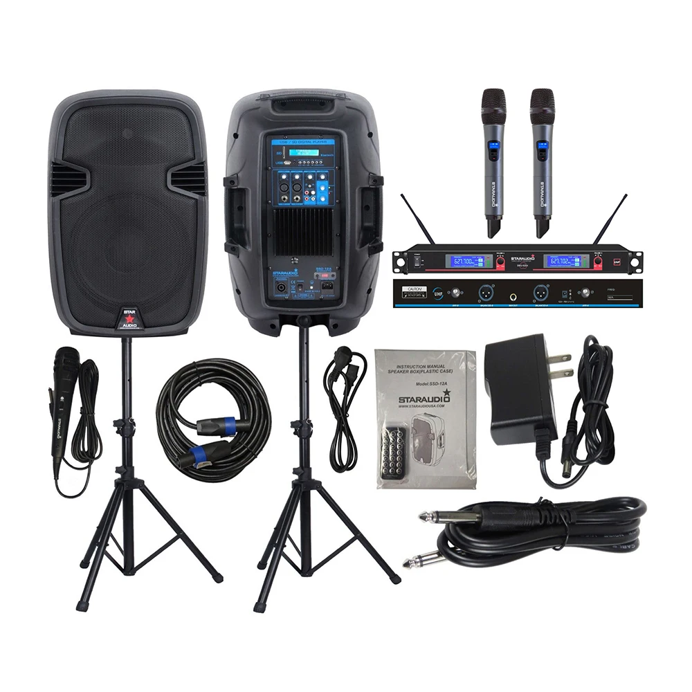 

STARAUDIO 2Pcs 2000W Powered 12 Inch Active Speakers DJ Stage PA Stands Wired Mic 2CH UHF Wireless Handheld Microphone SSD-12A