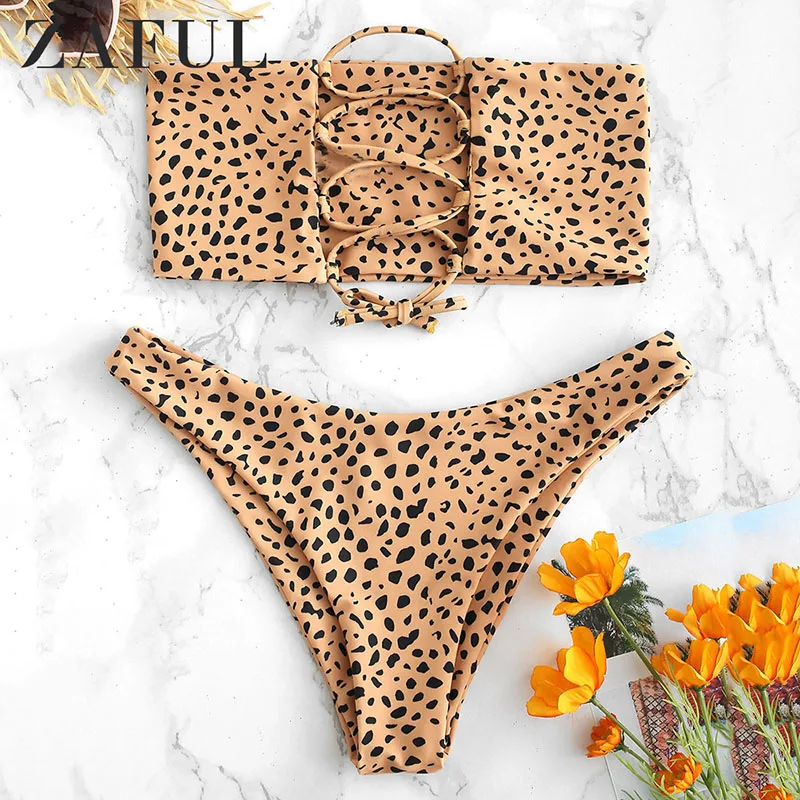  ZAFUL Back Lace-Up Leopard Bikini Set Bandeau Print Swimwear Women Swimsuit Bathing Suit Biquinis F