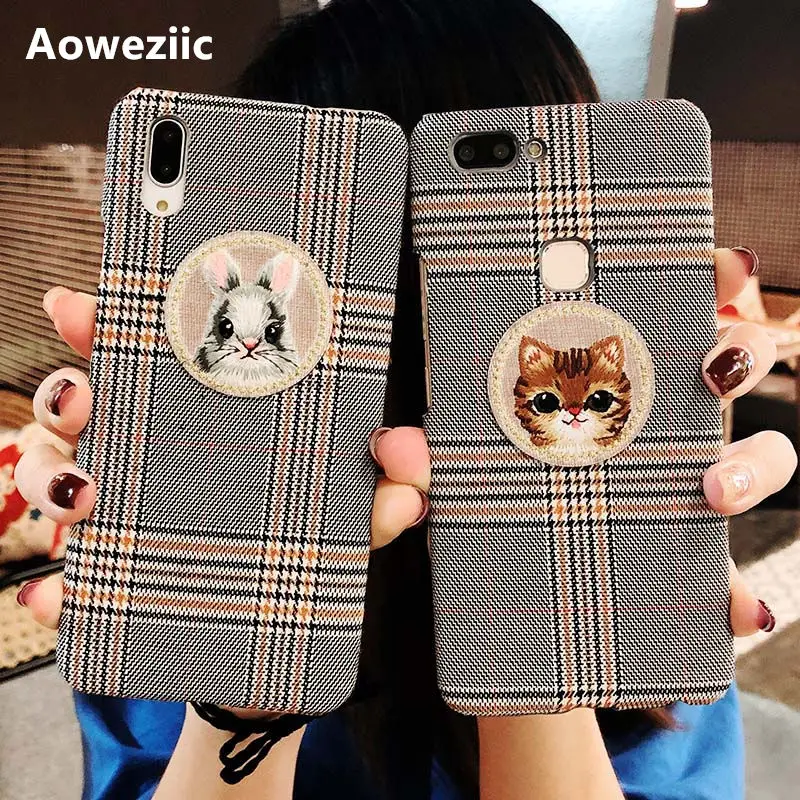 

Aoweziic Creativity vintage plush cloth lattice for iPhone X XS MAX XR phone case cute cat rabbit embroidery 6s 8PLUS hard shell