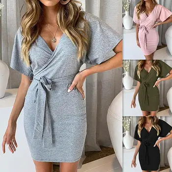 

Womens Dress Wide Short Sleeve V-Neck Lace Up Elegant Short Tunic Dress Summer Casual Solid Color Pencil Dress For Womens Plus