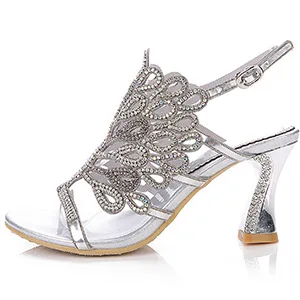 

Sliver Sheepskin High-Heeled Shoes Summer Diamond Leather Sandals Women Pumps Rhinestone Buckle Design Plus Size 44 Peacock