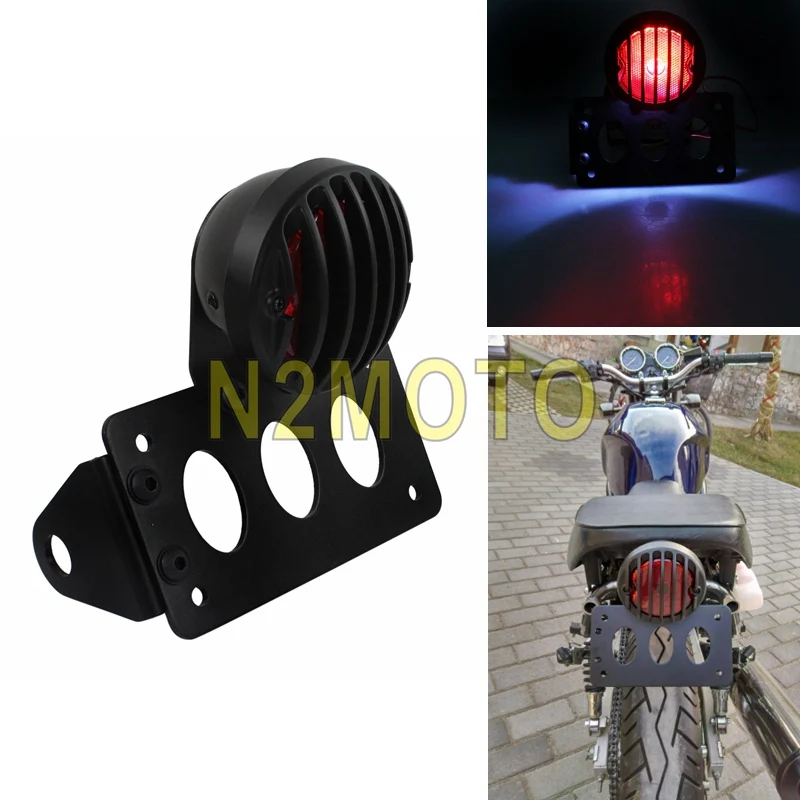 Black Retro Grille Led Brake Tail Light License Plate Bracket For Harley Bobber