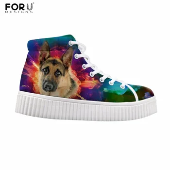 

FORUDESIGNS High Top Height Increasing Shoes Women 2017 3D Galaxy Cute Animal German Shepherd Printed Ladies Flats Platform Shoe
