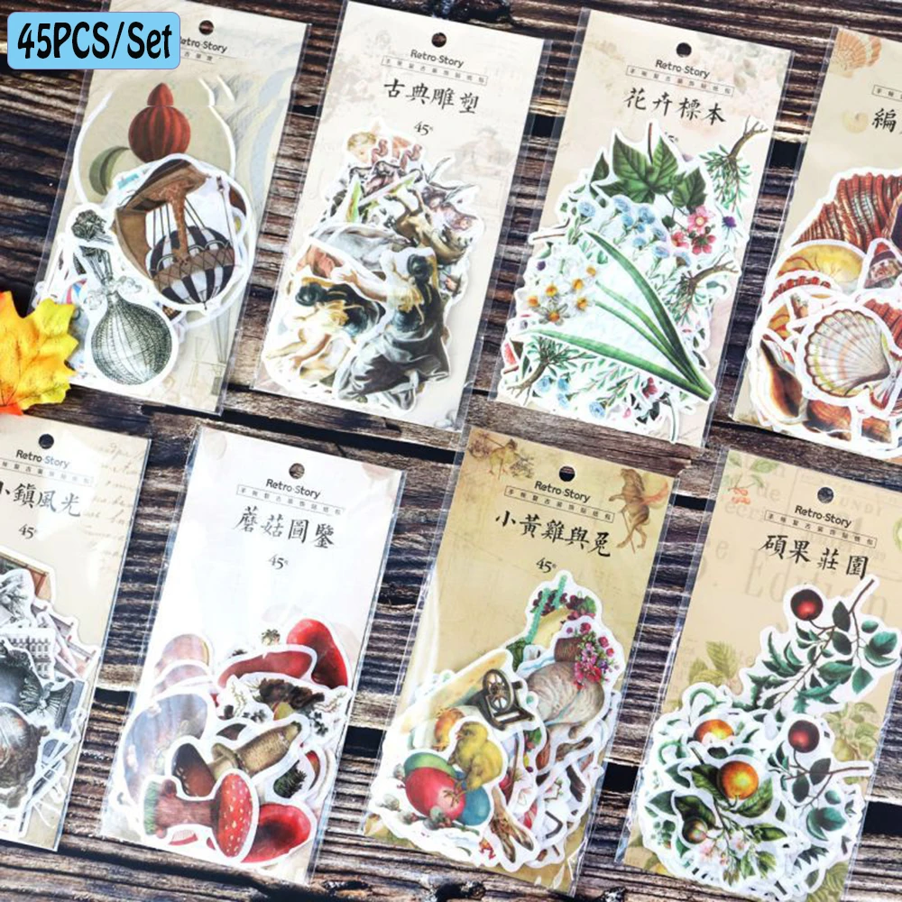 

45PCs/Set Classical Shaped Vintage Plant Series Stickers Set Journal Album DIY Decoration Stickers 8 Styles