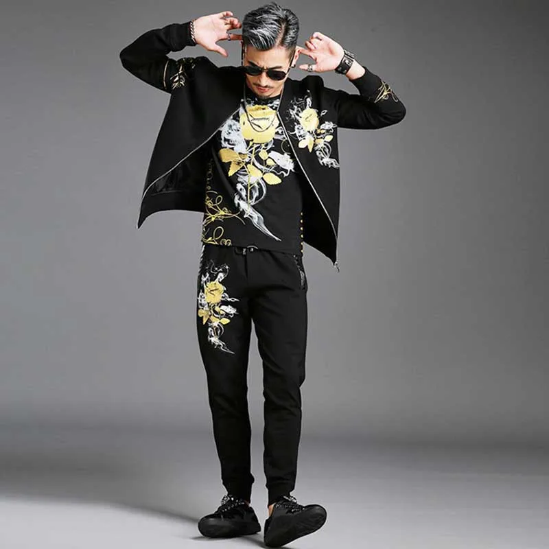 Retro Gilded Rose Floral Printed Two Piece Sweat Set Tracksuit Men Hoodies Set Casual Slim Fit Jacket with Joggers Pants Retro Gilded Rose Floral Printed Two Piece Sweat Set Tracksuit Men Hoodies Set Casual Slim Fit Jacket with Joggers Pants