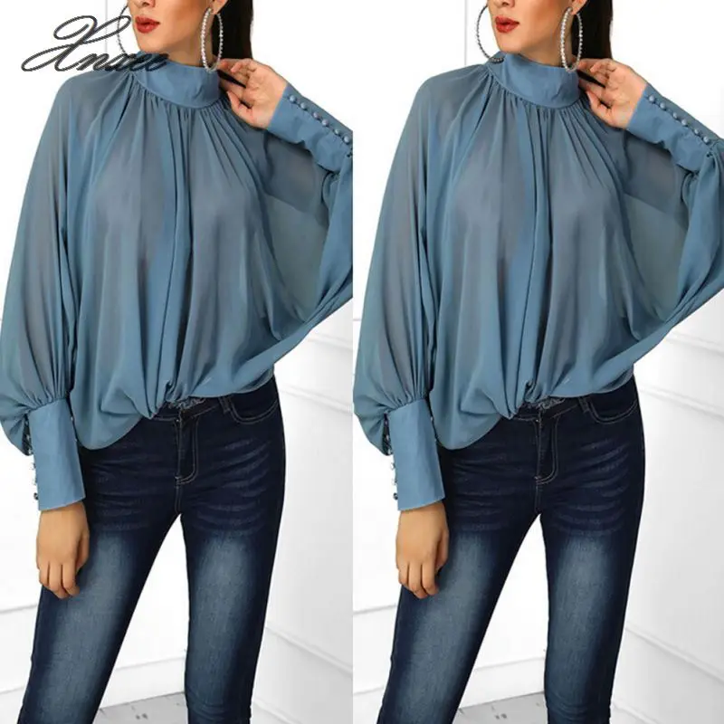 

Fashion Batwing Long Sleeve Women Chiffon Blouse Turtleneck Solid Casual Loose Womens Tops and Blouses Tops 2019