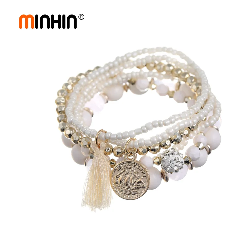 

MINHIN Hot Selling White Strand Bracelet Six Layer Bead Bracelet For Female Elegant Wedding Jewelry New Accessory