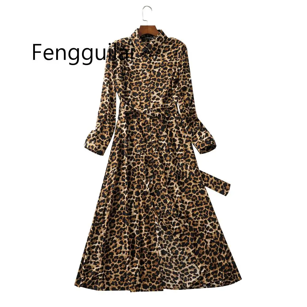 

Vintage Leopard Print Ankle Length Dress Bow Tie Sashes Long Sleeve Animal Pattern Chic Robe Maxi Dress Casual Vestidos Mujer