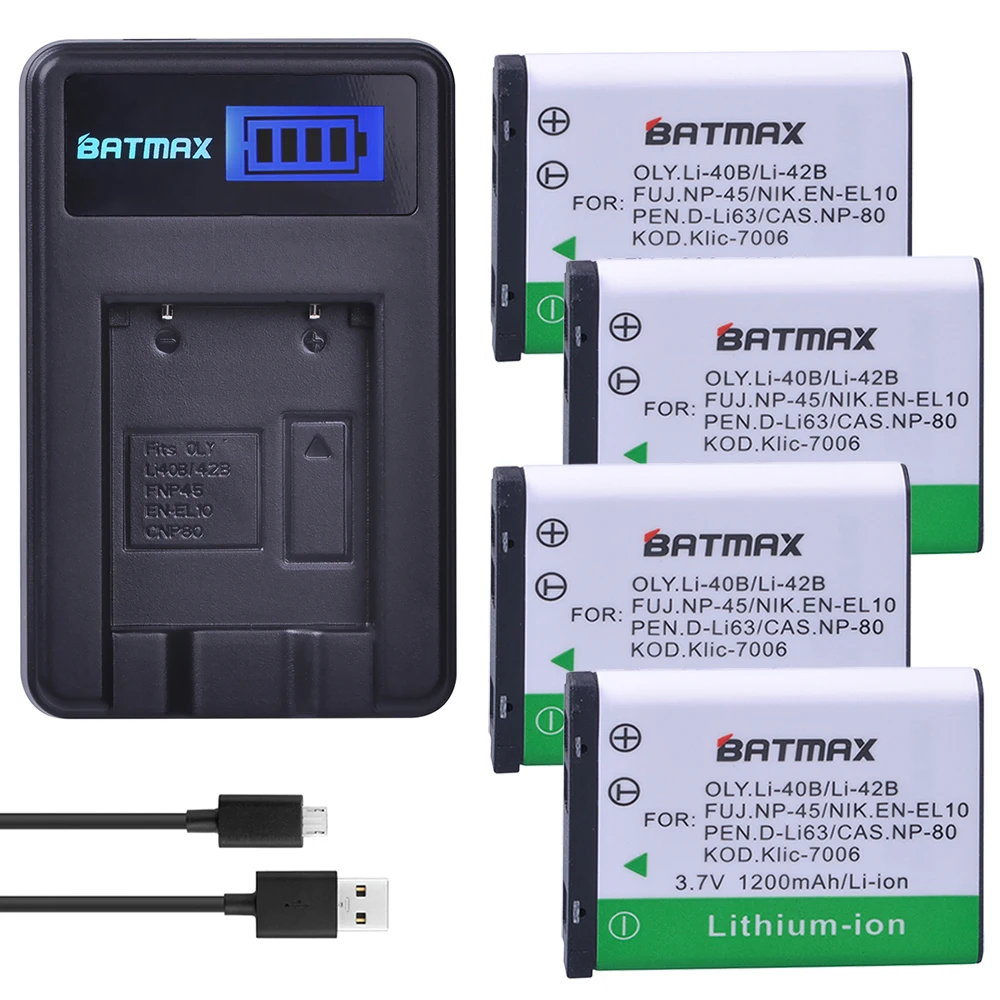 

4Pcs LI-40B LI40B LI 40B LI-42B EN-EL10 Camera Battery + LCD USB Charger for Olympus Li-42B Pentax D-Li63 Fuji NP-45 Nik EN-EL10