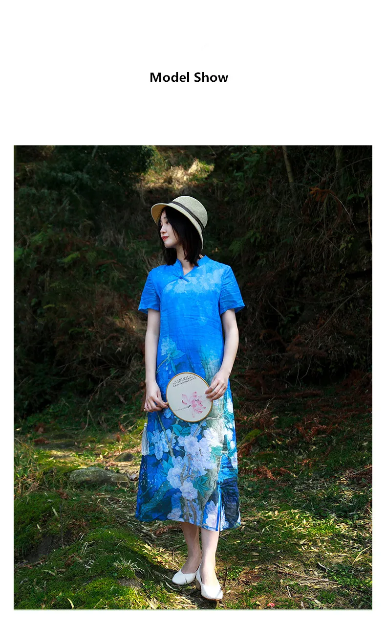 LZJN Women's Summer Dresses Flax Linen Cheongsam Qipao Collar Chinese Style Royal Blue Long Dress (13)