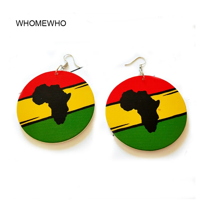 

Colorful Wood Painting Round Africa Map Drop Earring Silver Metal Retro Handmade Wooden African Indian Hiphop Ear Tribal Jewelry