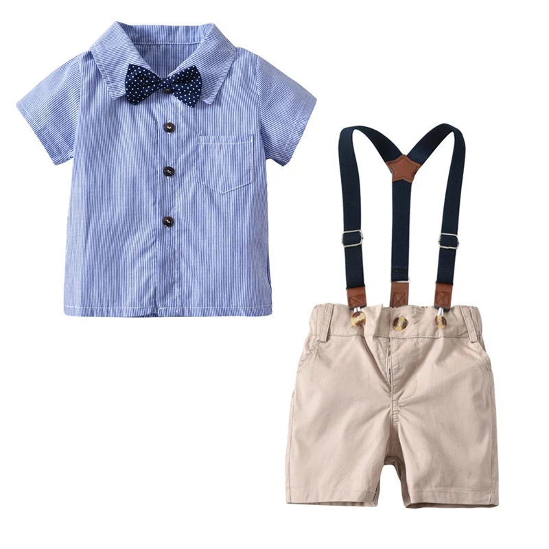 Летние комплекты одежды для мальчиков в джентльменском стиле Новые Стильные топы с короткими рукавами и бантиком, штаны детский комплект одежды для малышей Одежда для маленьких детей