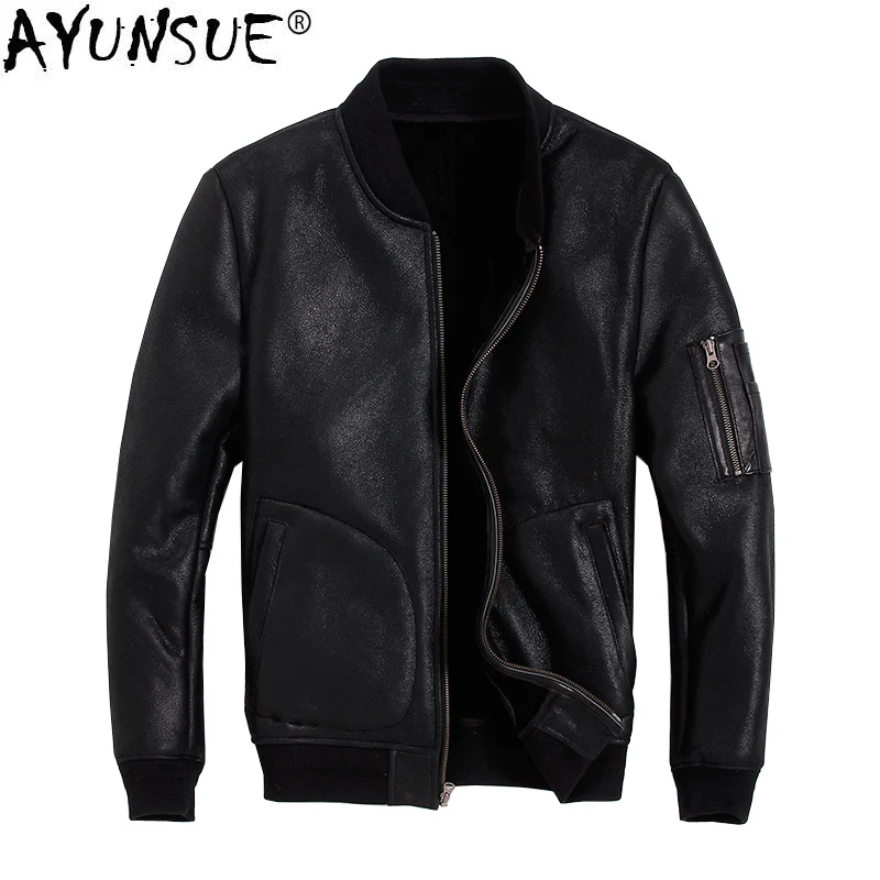 

AYUNSUE Genuine Leather Jacket Men Winter Real Fur Coat Warm Vintage Sheepskin Leather Coats Sheep Shearing Bomber Jacket KJ2710