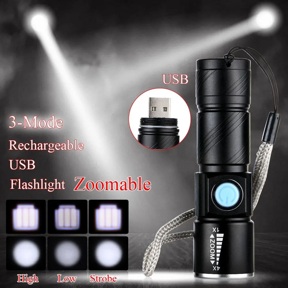 Adjustable LED Zoom 1800LM MINI USB Rechargeable Flashlight Torch Portable Waterproof ABS Q5