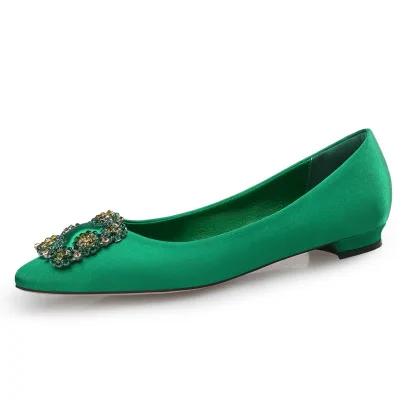 The legend of blue sea/туфли новые туфли с острым носком на плоской подошве женские свадебные туфли на низком каблуке с закрытым носком и шелковой пряжкой - Цвет: Зеленый