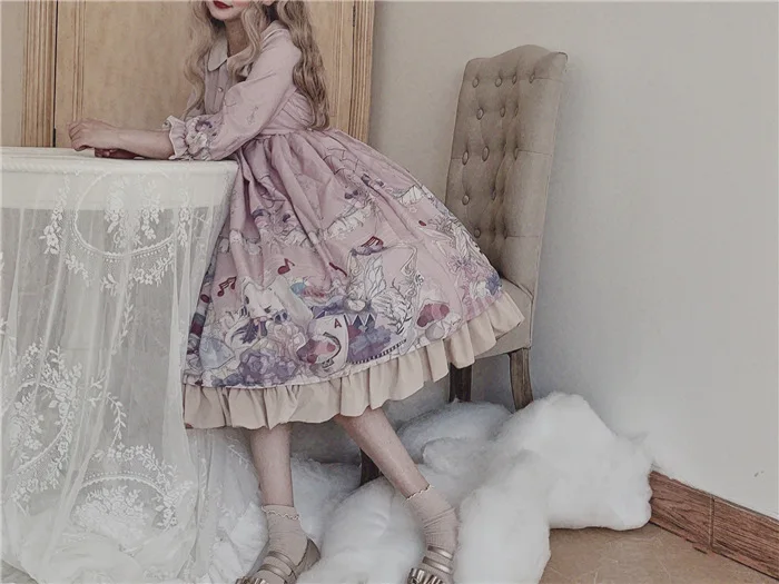 Платье в стиле Лолиты с принтом кролика и Алисы; вечерние платья с воротником в стиле Питера Пэна