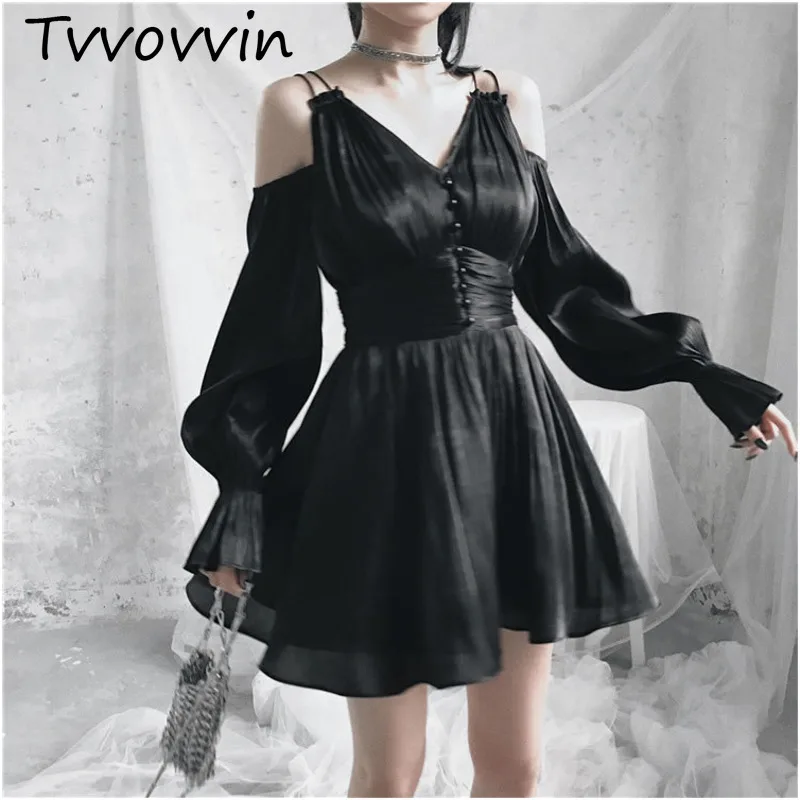 

Ruibbit New Summer Autumn Gothic Girls Dresses Hollow Out V Collar Sexy Women Sling Long Sleeve A Line Black Punk Dress V419
