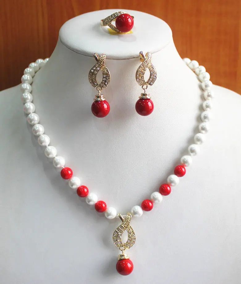 

Hot sell Noble- Fast shipping + 07608 Mixed Color Pearl/Coral Necklace Earring Ring Jewelry Set (A0516)