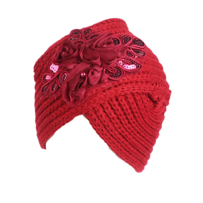 Muslim Vintage Winter Hat Warm Knit Cap Print Flower Beanie Sleep Chemo Turban Headwear Cancer Patients - Цвет: Red