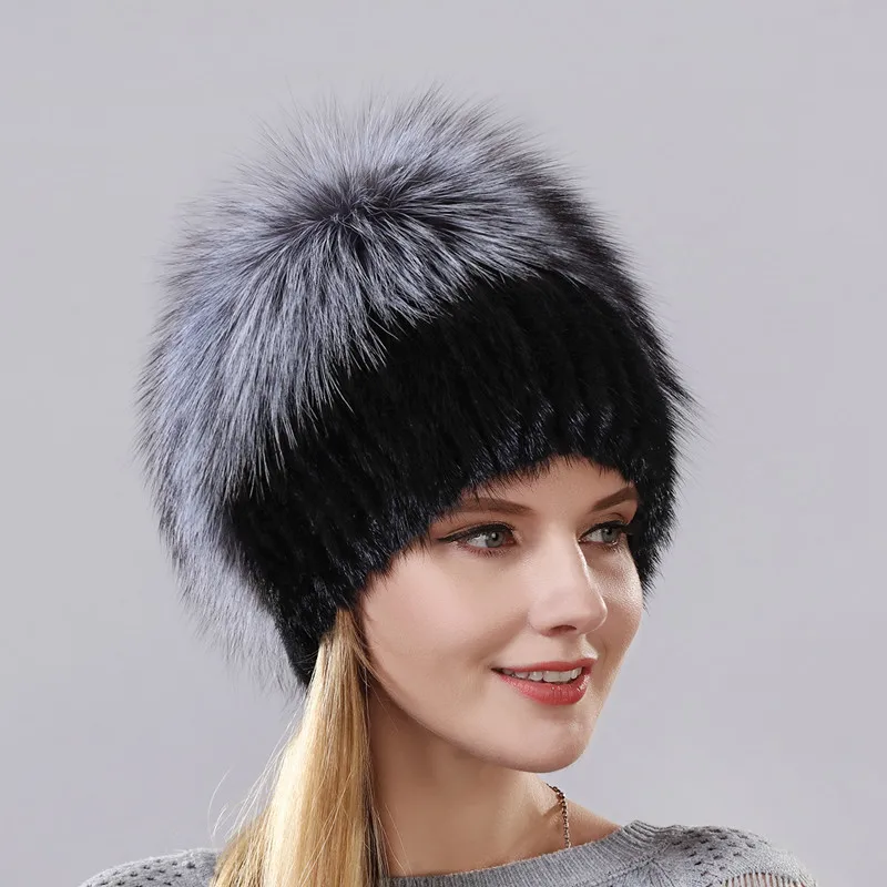 Achat Nouveau Style offre spéciale hiver chaud réel vison fourrure Cap pour les femmes naturel vison chapeaux tissage Vertical avec fourrure de renard moelleux sur le dessus
