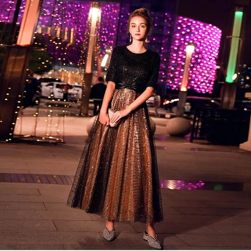 

New arrival prom party dresses vestido de noiva sereia gown robe de soiree evening gold slim little tulle sequin black top half