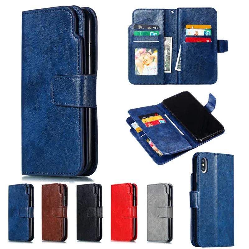 Кожаный бумажник чехол для iPhone X XS XR MAX 6 6S 7 8 plus телефон панель кронштейн double deck кармашек для банковских карт из искусственной кожи+ чехол из ТПУ - Цвет: blue