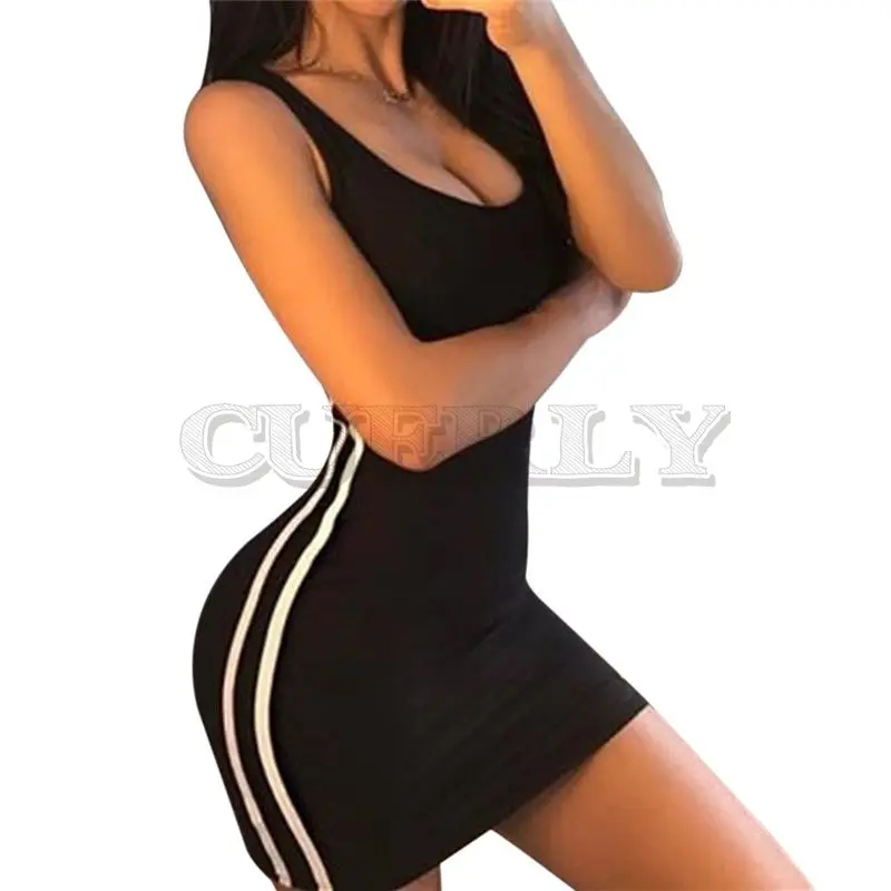 Image CUERLY Women Mini Dress Sexy Sleeveless Dresses Summer 2019 Striped Patchwork Short Beach Dress Woman Bandage Dresses CUERLY