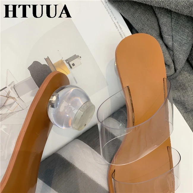 HTUUA/ г., женские сандалии-шлепанцы на прозрачном каблуке с круглым носком из прозрачного ПВХ, сандалии на высоком квадратном каблуке женская летняя обувь, SX2775