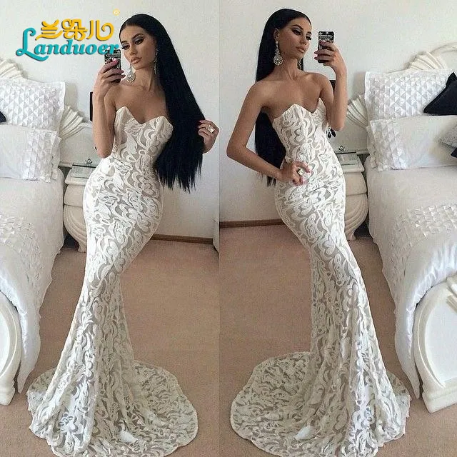 cordón blanco de la sirena vestidos fiesta 2016 vestidos de novia