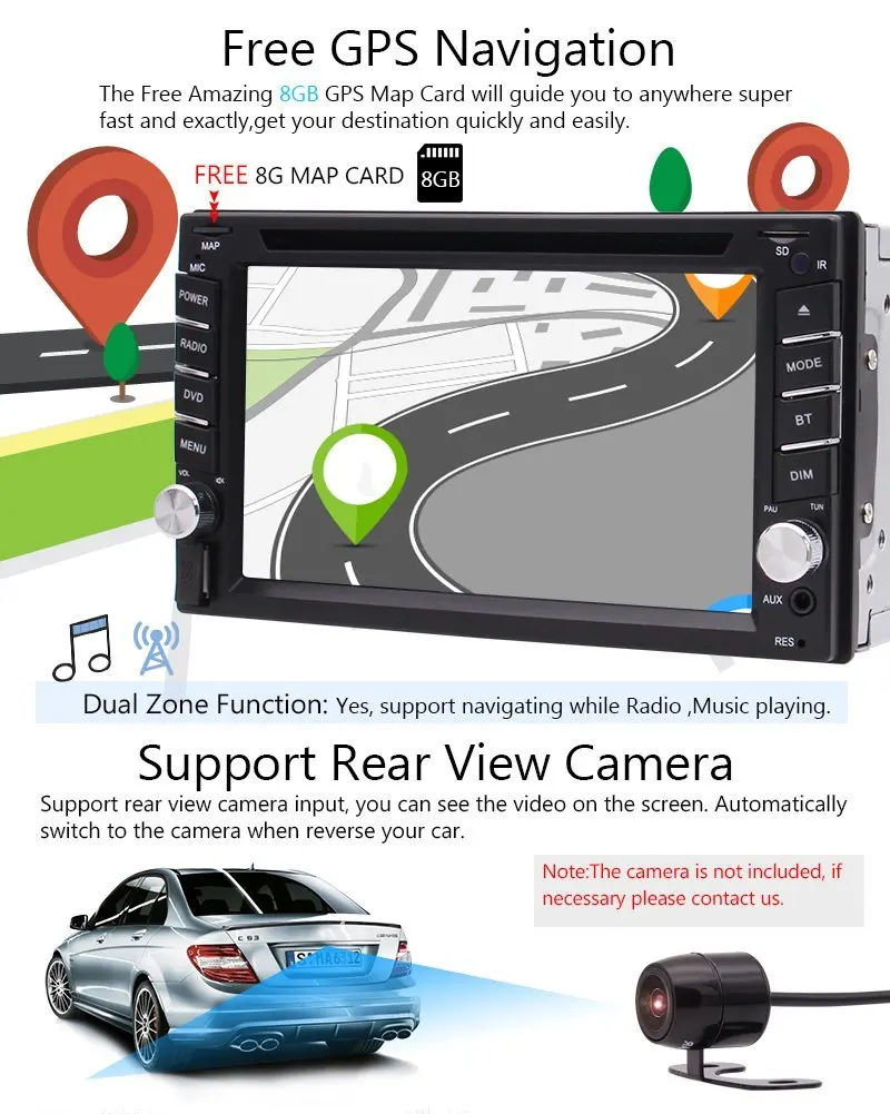 Flash Deal Free Camera+6.2" In Dash Double 2 DIN Car GPS Stereo DVD Player Bluetooth Radio FM/AM/RDS1080p HD Video Dual Knobs Colorful lamp 2