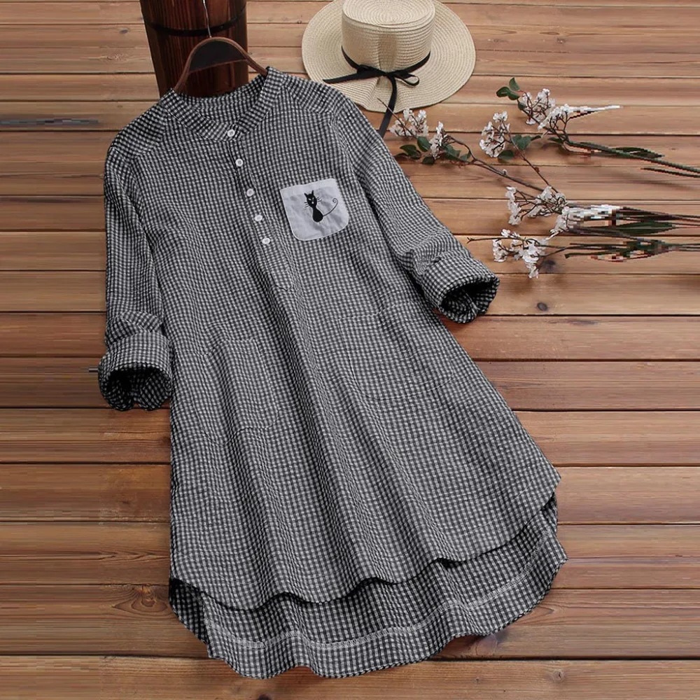 2019 women's plaid embroidered cat long sleeve tops and blouses Summer sexy beach top pretty blouses et chemisiers femme 40J12 (4)