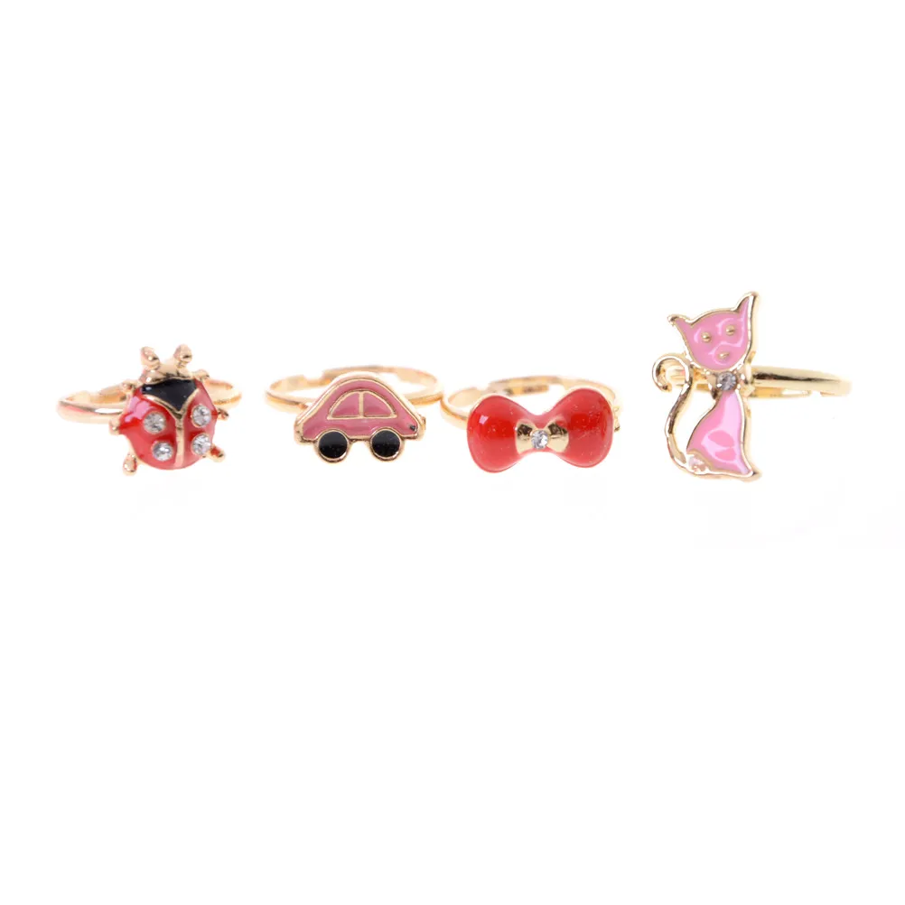 2pcs Random Style Children Kids Sweet Cartoon Cats Bowknot Flower Moon Star Heart Dog Rabbit Crystal Rings Jewelry Gift