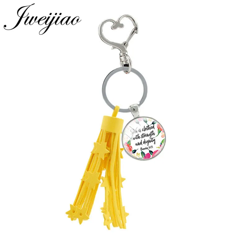 

JWEIJIAO Yellow Tassel Pendant Psalm Bible Verse Quote Keychain Glass Cabochon Heart Clasps Keyring Christian Jewelry LT11