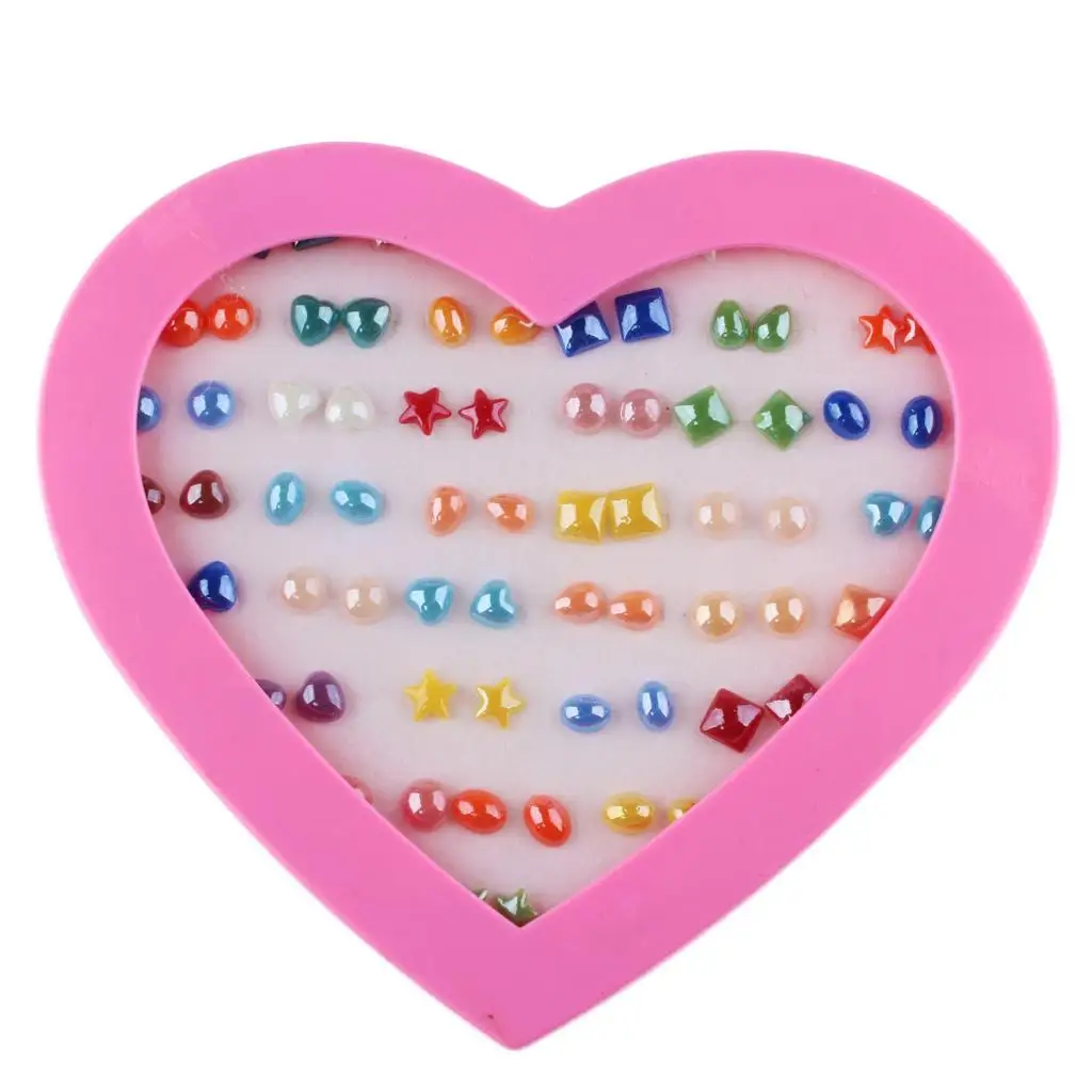 36 Pairs Women Girl Kid Different Colorful Shape Stud Earrings Birthday Valentine Party Gift with Heart Organizer Box