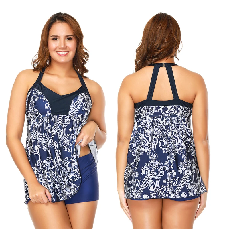 

Plus Size Swimwear 2019 New Tankini Swimsuits Women Bathing Suit Skirt Print Swimsuit Retro Beachwear Swimdress Tankini Set XXXL