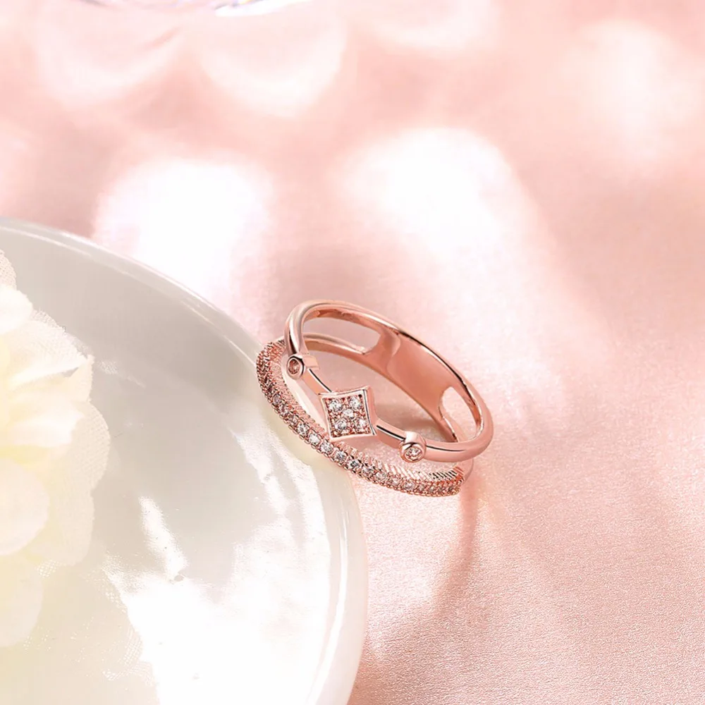 Hot Selling 2 Color Unique Double Rows Women Ring Trendy Rose Gold Color Square Zircon Ring For Party (JewelOra RI102259)