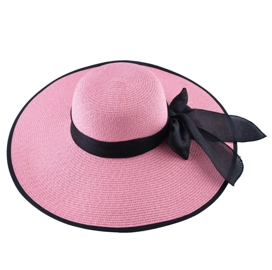 Модная соломенная кепка женская летние Повседневное широкими полями Защита от солнца Кепки бант женские пляжный отдых Шапки большой козырек летние шляпы соломенная шляпа - Цвет: Pink