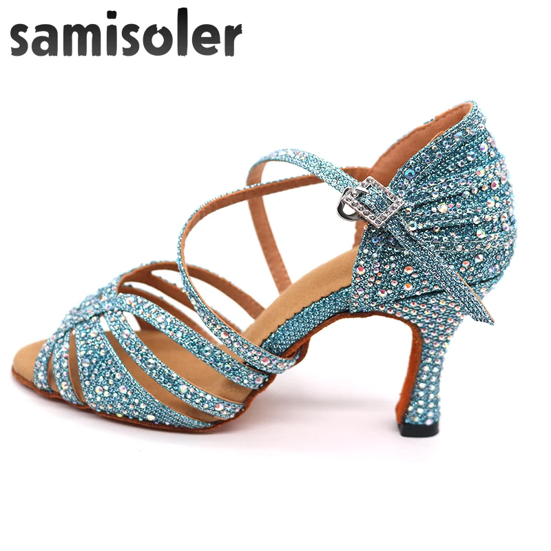 

Samisoler blue Rhinestone ballroom dance shoes women Salsa dance shoes women Professional tango Latin Shoes style high heels