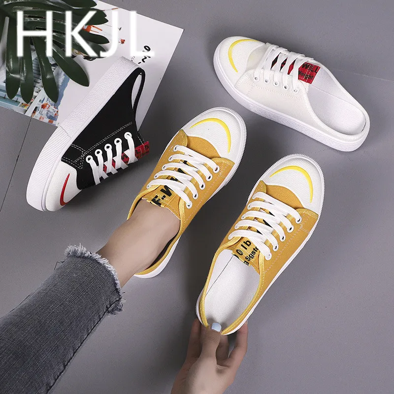 

HKJL 2019 summer new style fashionable flat head canvas shoes half drag belt casual small white shoes without heel A588