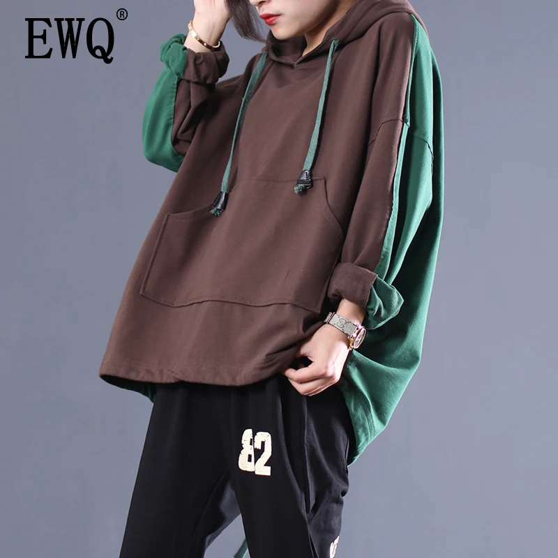 

[EWQ] 2019 Spring New Pattern Hooded Collar Long Sleeve Solid Patchwork Pullovers Vintage Loose Sweatshirt Women AD87816XL