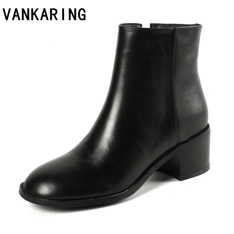 

VANKARING side zip comfortable square high heel ankle boots fashion genuine leather warm winter snow boots women shoes black