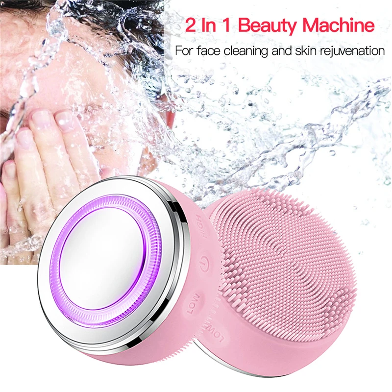 Limpeza da Pele Escova de Lavagem Cuidados com a Pele Silicone Aquecimento Rosto Cleanser Massagem Facial Esfrega Mais Limpo Massageador P46 2in1 Luz Led 8 Cheap Utensílios de cuidado facial