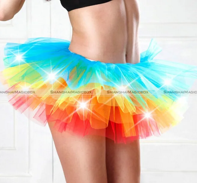 LED Light Up Neon Rainbow Tutu Fancy Dress Halloween Costume Adult Women Skirt 