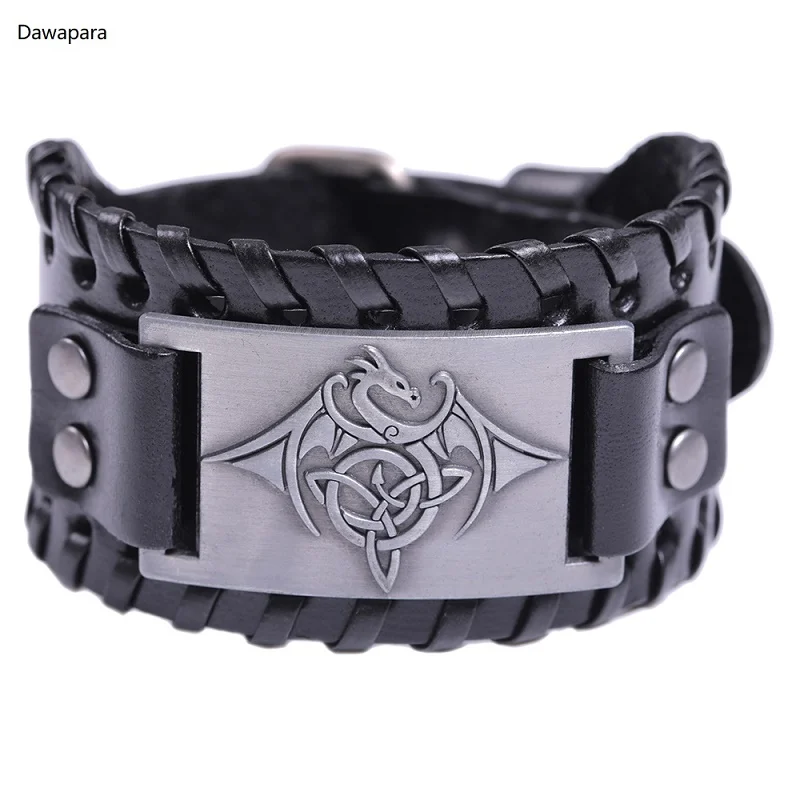 Dawapara браслет из натуральной кожи цинковый сплав мужской широкий браслет Tendy широкий браслет регулируемые браслеты ювелирные изделия - Окраска металла: Silver Black Leather