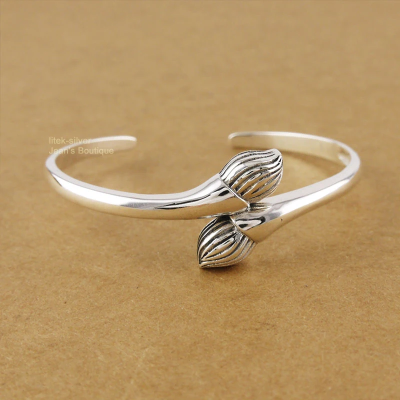 925 Sterling Silver Retro Lotus Bud Flower Bangle 13g Zen Yoga Cuff